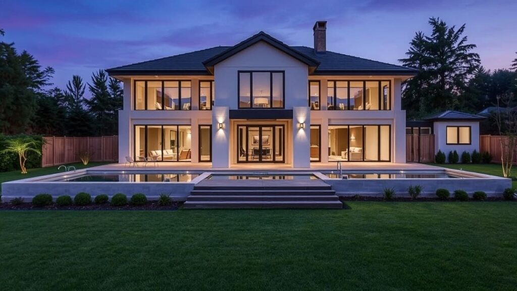 A modern luxury home with large glass windows, a symmetrical design, and warm exterior lighting. The house features a spacious backyard, a reflecting pool, and landscaped greenery, viewed during twilight.