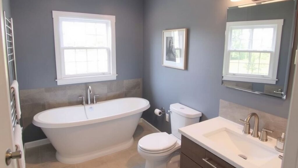 Stylish bathroom renovations with a contemporary soaking tub, wood accents, and soft lighting.