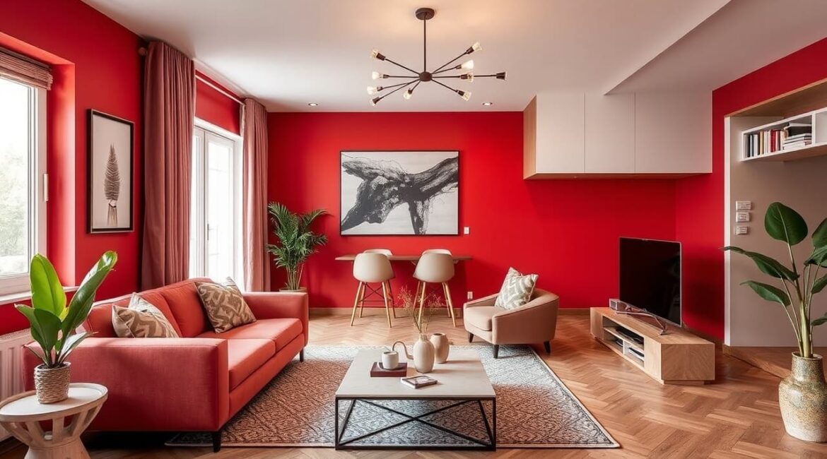 Contemporary living space featuring a red accent wall, wooden flooring, and minimalist design.