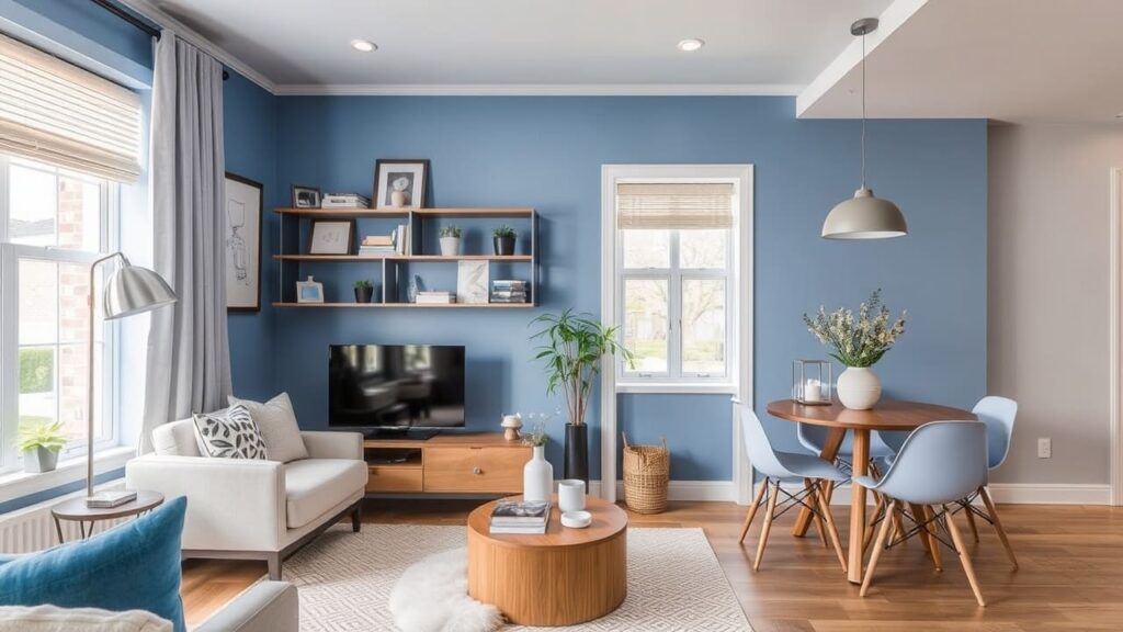 Modern apartment renovation featuring a stylish blue accent wall and minimalist decor.