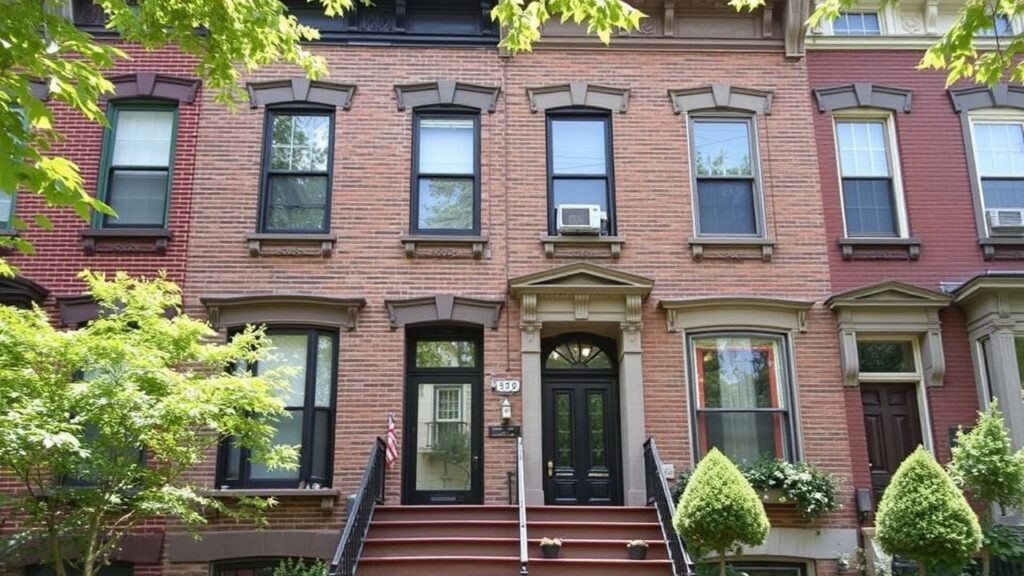 Brownstone Remodeling: Restored brick facade with modern black window frames and a classic entrance.