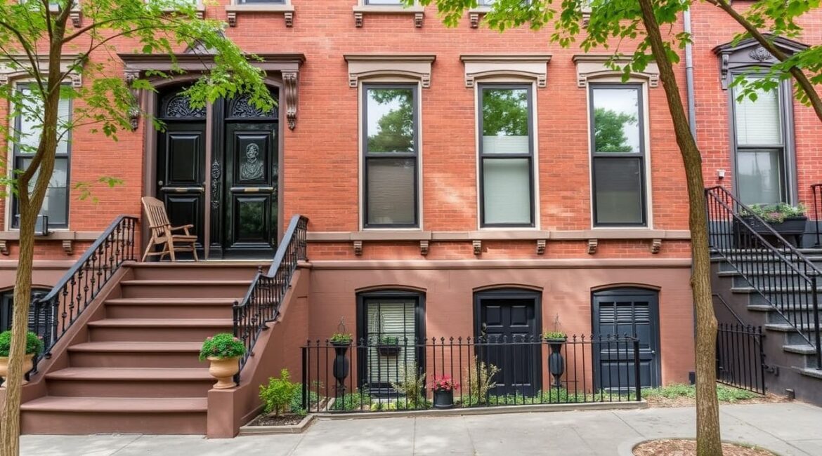 Brownstone Remodeling: A restored brownstone with updated windows, landscaping, and a grand entrance.