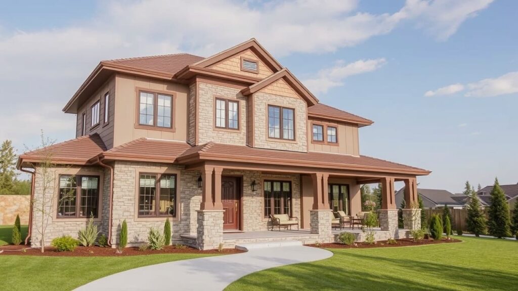 Home Remodeling: Stunning two-story house with modern exterior upgrades – A beautifully remodeled home featuring a stone and wood facade, a covered porch, and a landscaped front yard.

