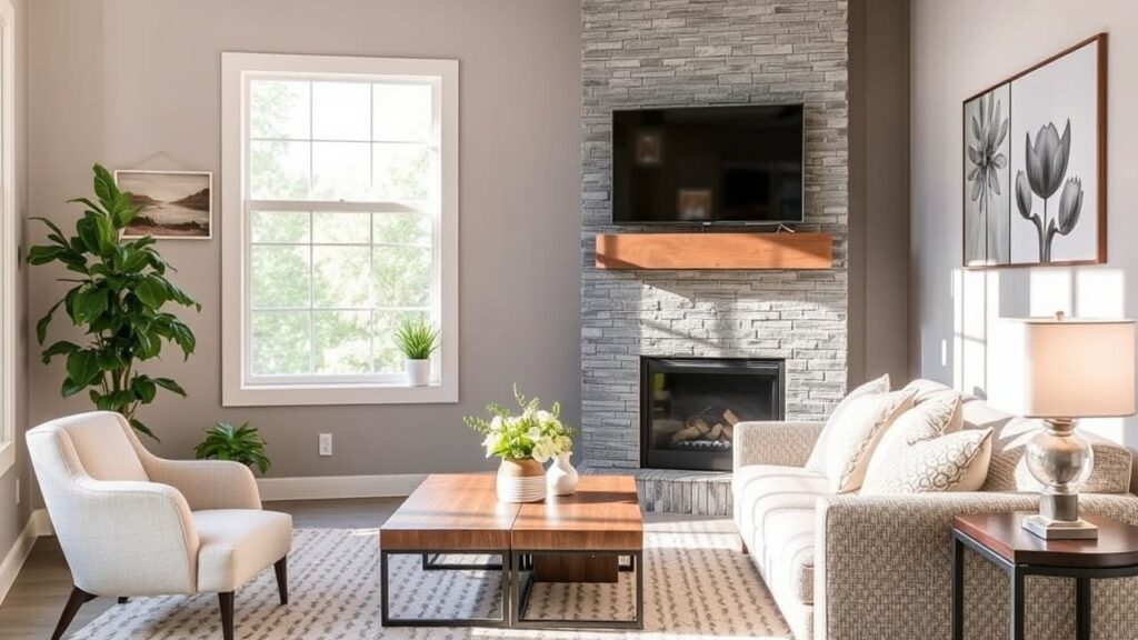 Home Remodeling: Contemporary living space with fireplace and modern furnishings – A well-designed home interior showcasing a renovated fireplace with a wooden mantel, a cozy beige sofa, and a modern coffee table.