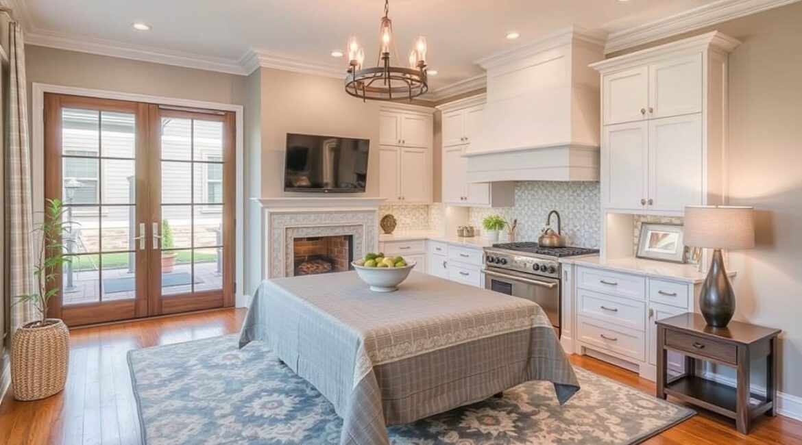 Home Remodeling: Modern kitchen with white cabinetry and elegant decor – A beautifully remodeled kitchen featuring white cabinets, a chandelier, a fireplace, and a dining table with a stylish tablecloth.