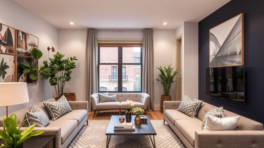 Renovated living room with neutral-toned furniture, vibrant indoor plants, and modern artwork creating a warm and inviting space.