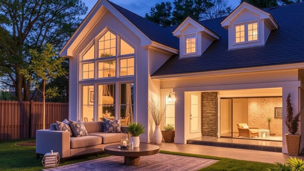 Modern home exterior with warm evening lighting, featuring large glass windows, a cozy patio setup, and a beautifully landscaped yard.