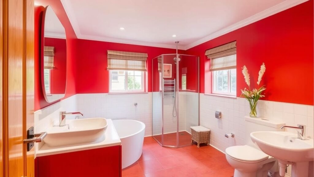 This vibrant red and white space is a perfect example of modern bathroom renovations done right!