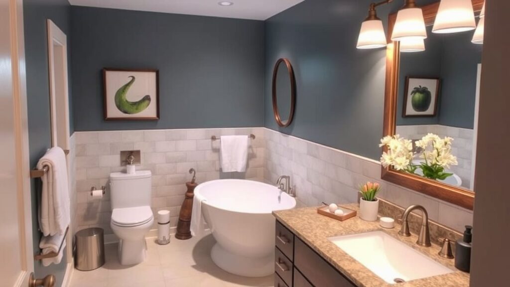 A beautifully designed modern bathroom featuring stylish bathroom renovations with a freestanding bathtub.