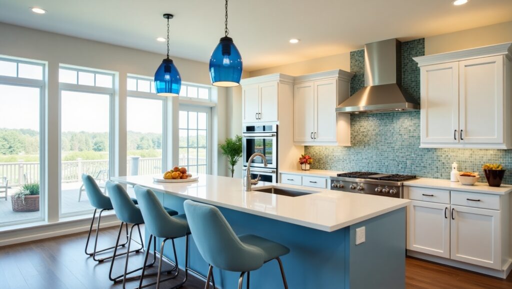 A bright and modern kitchen remodeling project featuring white cabinetry, a blue island, and large windows that bring in natural light.