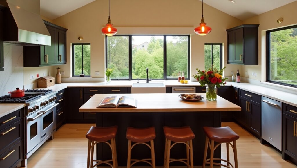 A beautifully remodeled kitchen featuring black cabinets, gold hardware, and a spacious island with leather barstools, showcasing a stunning kitchen remodeling design.